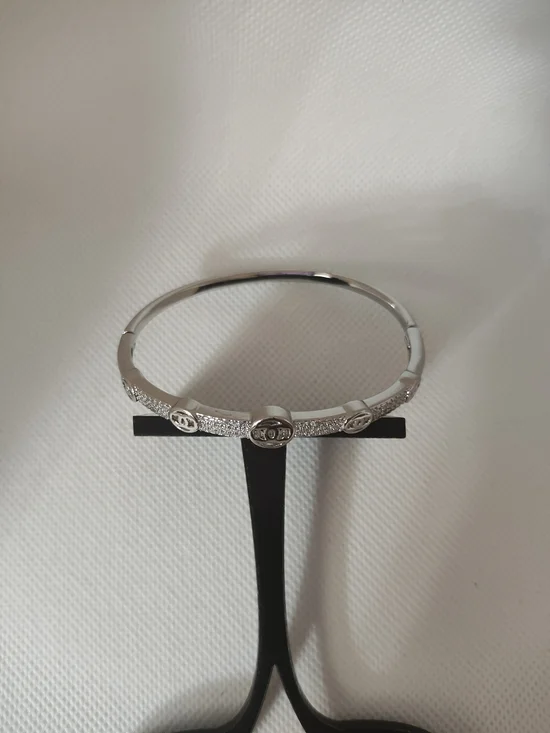 Silver Crystal Pavé Logo-Accent Bangle Bracelet - Picture 6 of 6
